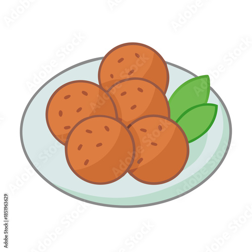 Cartoon-style illustration of falafel balls with leafy garnish on plate