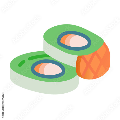 Two pieces of colorful cartoon style sushi against black