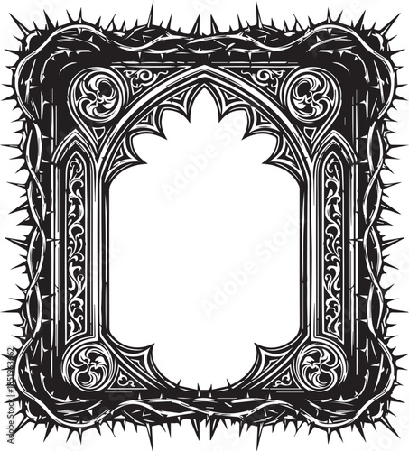 An intricate black and white vector frame featuring a highly ornate Gothic archway with scrolling floral details, encased in a thick, aggressive border of sharp, interwoven thorns.