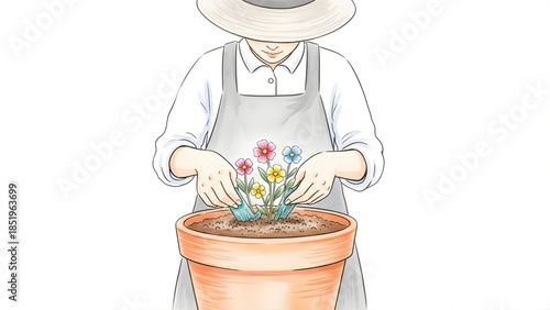 Gardener planting colorful flowers in a terracotta pot, bringing life and vibrancy to the scene