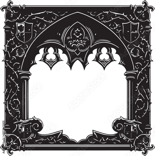 A grand black and white vector frame featuring a large gothic arch with intricate tracery, flanked by heraldic shields and wrapped in a dense, detailed thicket of thorny vines.