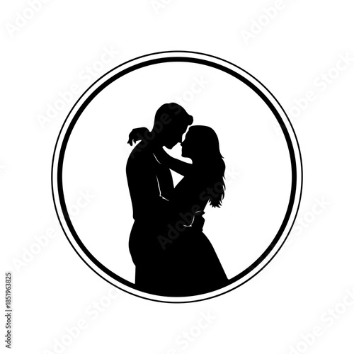 Romantic silhouette of a couple embracing within a circle Vector