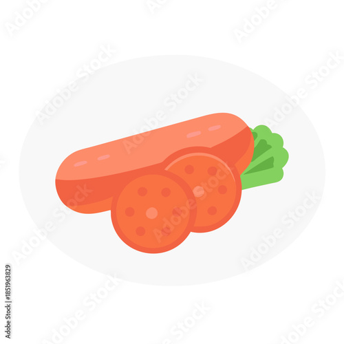 Simple flat graphic sausage slices on white oval background