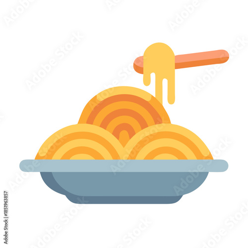 Stylized flat illustration of spaghetti with sauce in a bowl