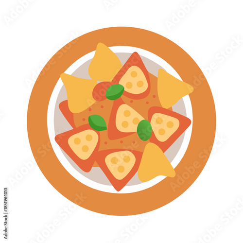 Delicious flat illustration of nachos in bowl with sauce
