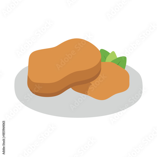 Chicken nuggets served on plate with leaf garnish flat