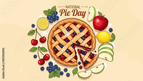 National Pie Day illustration with a delicious fruit pie surrounded by various fresh fruits like cherries, blueberries, apple, and lemon