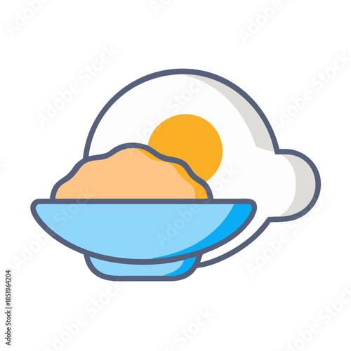 Cartoon style egg and porridge breakfast over white background