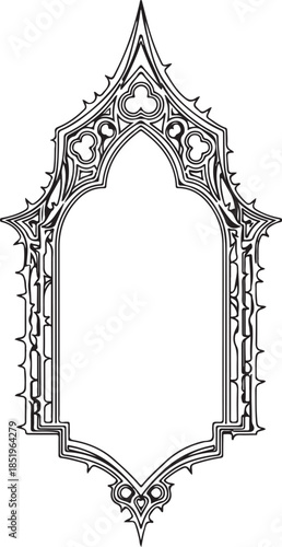 An ornate black and white vector frame featuring a tall gothic arch with complex tracery and sharp, spiked edges, creating a mystical and highly detailed architectural silhouette.