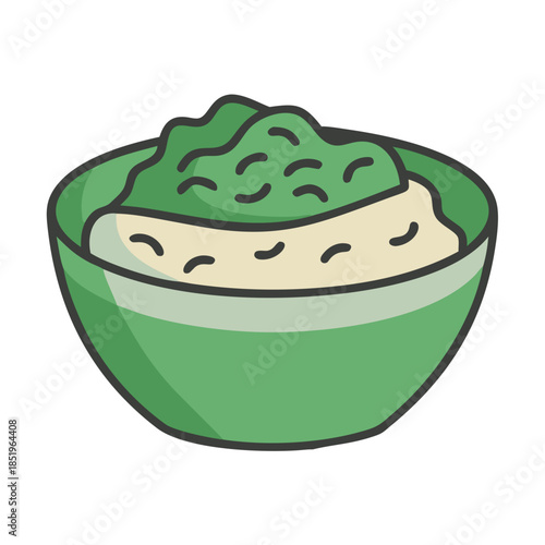 Green bowl filled with dips or healthy food