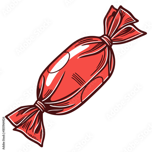 A glossy red-wrapped candy with white circular accents and twisted ends, evoking sweetness and classic charm.