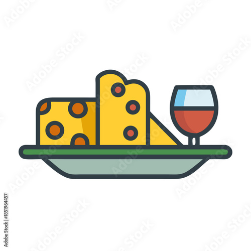 Stylized cheese and wine on a platter illustration