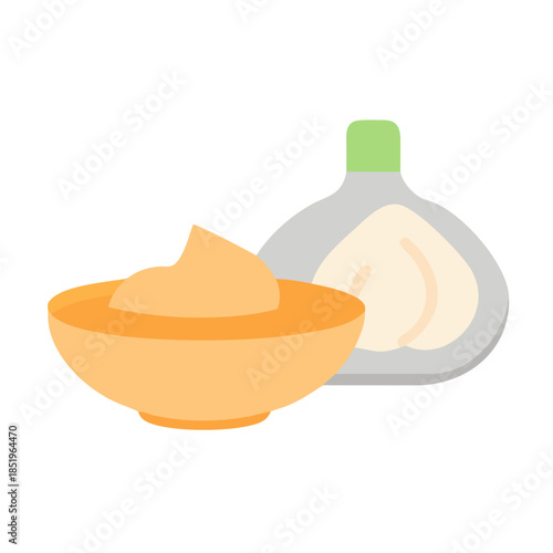Garlic bulb and sauce in bowl food ingredient illustration