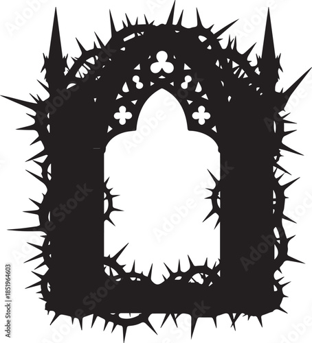 A dark black silhouette of a gothic archway featuring ornate tracery and pointed spires, completely enveloped in a dense, aggressive thicket of sharp thorns and prickly spikes.