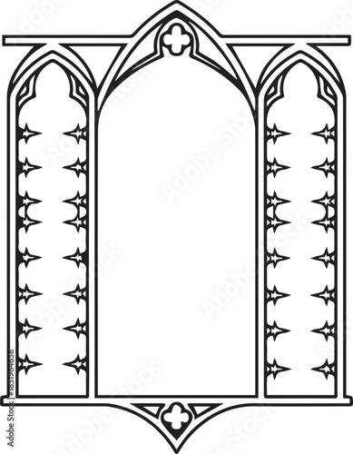 A minimalist black and white vector outline of a triple gothic window frame, featuring a central pointed arch flanked by two narrower arched panels with simple decorative tracery.