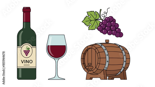 Vino bottle, glass of red wine, grapes, and wooden barrel icon set, representing wine culture and production