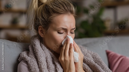 Woman blowing nose with tissue,sit on couch,ill health,suffer from flu,copy space,health trouble.