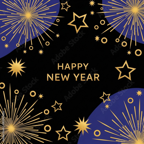 New Year's Eve Celebration: Festive fireworks explode in a vibrant display, accompanied by shimmering stars, all set against a rich, dark backdrop, celebrating the arrival of a new year.