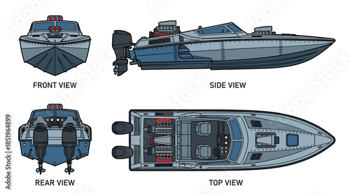 Detailed technical illustration of a high-performance speed boat, showcasing front, side, rear, and top views with engine details.