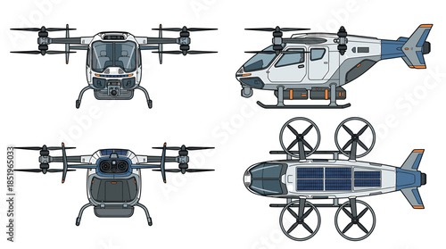 A collection of four futuristic aerial vehicles, showcasing diverse designs for advanced transportation and urban mobility solutions.