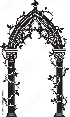 An ornate black and white vector illustration of a gothic archway with intricate tracery, flanked by columns and wrapped in detailed thorny vines with leaves for a dark, mystical aesthetic.