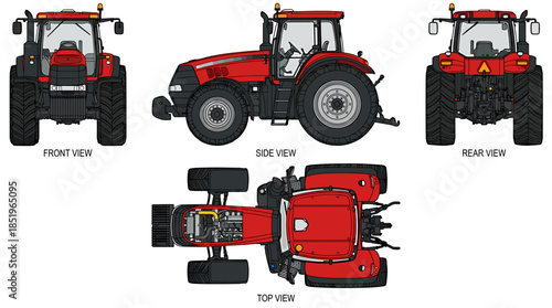 Orthographic views of a red agricultural tractor, including front, side, rear, and top perspectives.