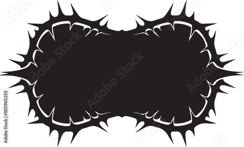 A solid black silhouette of a horizontal rectangular frame featuring a dramatic and aggressive border of sharp, jagged thorns and spikes, perfect for dark fantasy or heavy metal designs.