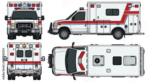 Orthographic projections of a white ambulance with red and blue emergency lights and red stripes.