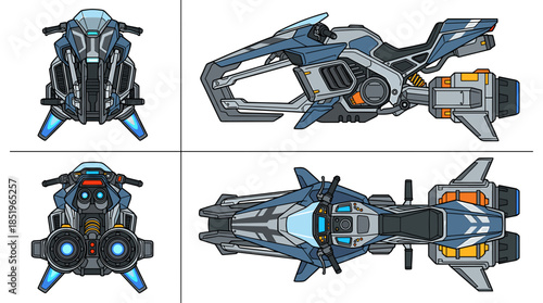 Orthographic views of a futuristic blue and gray hoverbike with glowing blue thrusters and orange accents, presented in a four-panel layout.