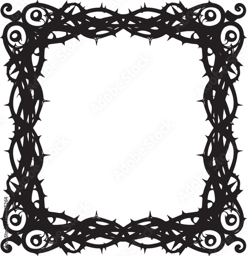 A sophisticated black and white vector border featuring a dense, intricate tangle of thorny vines with decorative scrolls, creating a dark and ornate gothic frame.