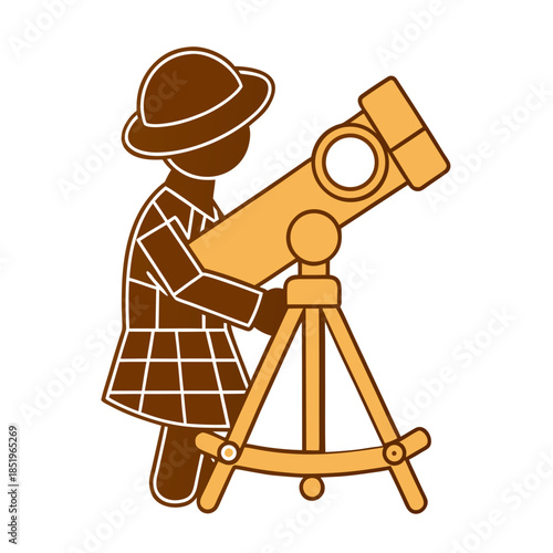 Child observing stars through telescope in a retro setting with old film style elements