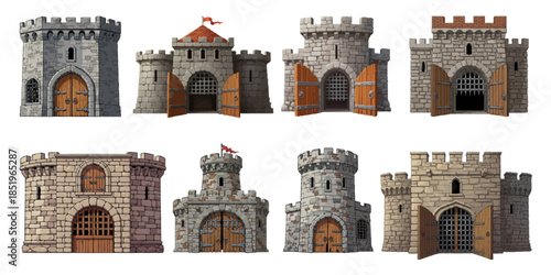 Old castle tower vector illustration, stone medieval cartoon fortress, wooden open city gate, grate. Ancient double door, arch portal entrance, citadel game object front view. Brick castle tower