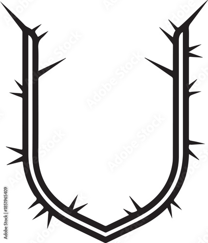 A minimalist black and white vector outline of a U-shaped frame or shield, bordered by sharp, staggered thorns that create a bold, protective, and edgy aesthetic.
