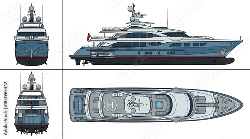 Orthographic projections and top-down view of a luxurious superyacht, showcasing its design and amenities.