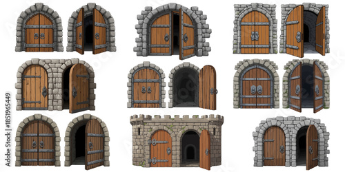 Castle gate vector medieval collection, open wooden ancient door, iron grate, stone arch isolated on white. Vintage city entrance, closed dungeon double entry. Game elements, castle gate illustration