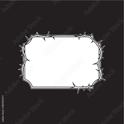 A minimalist black and white vector frame featuring a central white rectangular plaque with notched corners, surrounded by sharp, jagged thorns set against a solid black background.