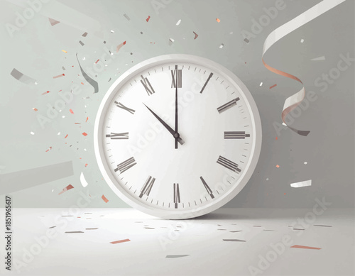 Time's Celebration: A classic clock displays a pivotal moment amidst a flurry of festive confetti and streamers, signifying an occasion. 