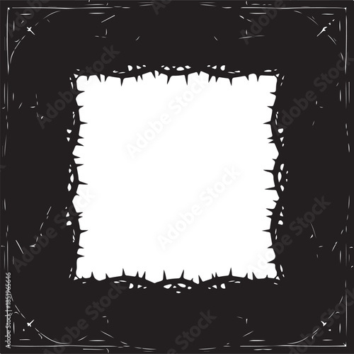 A dark, grunge vector frame with a distressed texture and a jagged, thorny inner border, creating a bold, aggressive square silhouette for edgy or alternative designs.