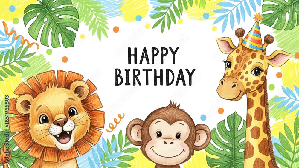 Naklejka premium Kids cute animal print, hand drawn happy birthday party cartoon colorful pencil postcard elements. Baby lion, monkey face, giraffe in funny hat, holiday confetti scribble. Jungle kids animal poster