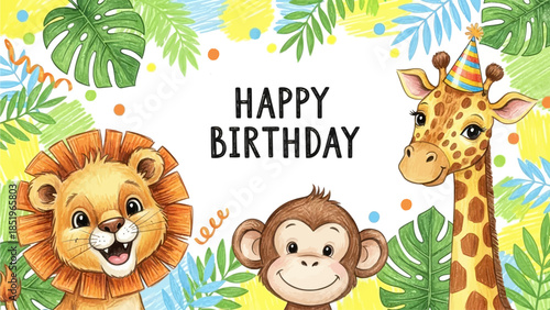 Kids cute animal print, hand drawn happy birthday party cartoon colorful pencil postcard elements. Baby lion, monkey face, giraffe in funny hat, holiday confetti scribble. Jungle kids animal poster