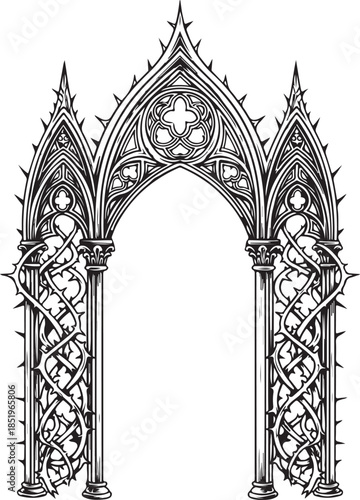 A high-contrast black and white vector illustration of a grand Gothic triple archway, intricately detailed with stone tracery and entwined by sharp, thorny vines for a dark fantasy aesthetic.