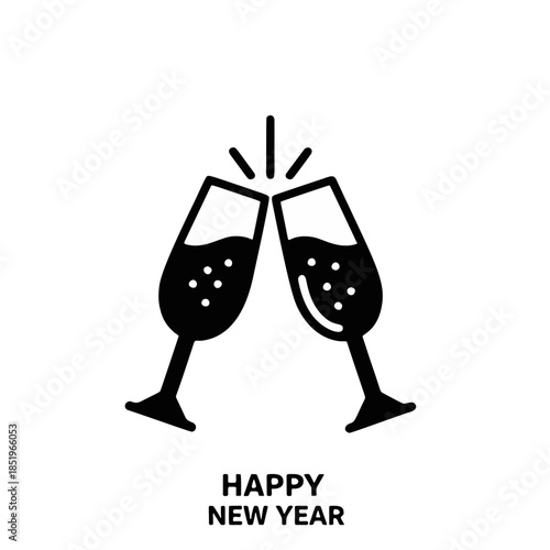 Iconic vector graphic depicting a joyous New Year's Eve celebration with two champagne flutes clinking, symbolizing happiness, success, and festive gatherings for design projects