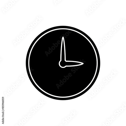 A minimalist black and white illustration of a round clock with simple hour and minute hands, symbolizing time and punctuality