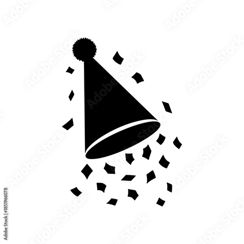 A black icon of a party hat with confetti falling around it, symbolizing celebration and festivities