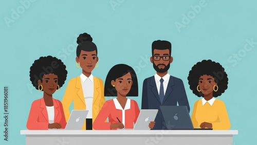 Diverse group of business professionals working together on laptops at office desk, teamwork