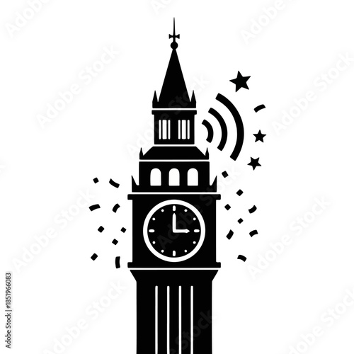 Iconic silhouette of Big Ben tower with a Wi-Fi signal and confetti, symbolizing connectivity and celebration