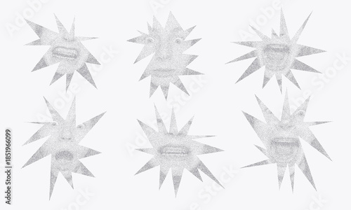 Set of abstract starburst shapes with expressive stipple noisy human faces in halftone style. Surreal, monochrome, and visually striking composition