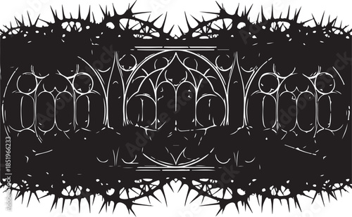 Description
An intricate, edgy monochrome vector illustration featuring a dark, gothic-style emblem framed by sharp, dense thorns. The ornate white linework contrasts against a heavy, distressed black