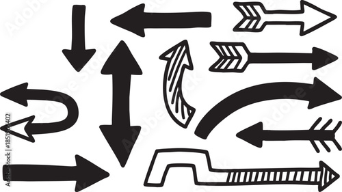 A collection of various hand-drawn black arrows pointing in different directions and styles.