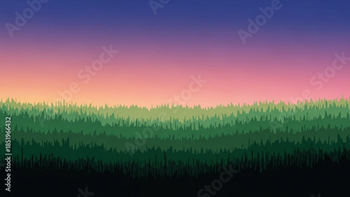 Vibrant gradient background with green grassy hills at colorful sunset or sunrise with blue